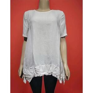 Banana Blue 100% Linen Boho White Tunic Top Blouse M Relaxed Fit Short Sleeve #C